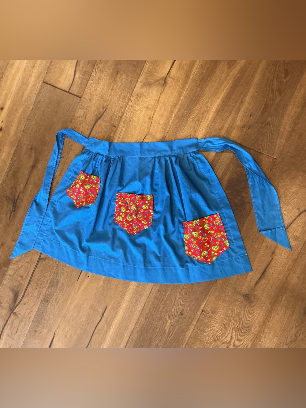 Vintage Handmade Blue Half Apron Skirt with Red Floral Pockets